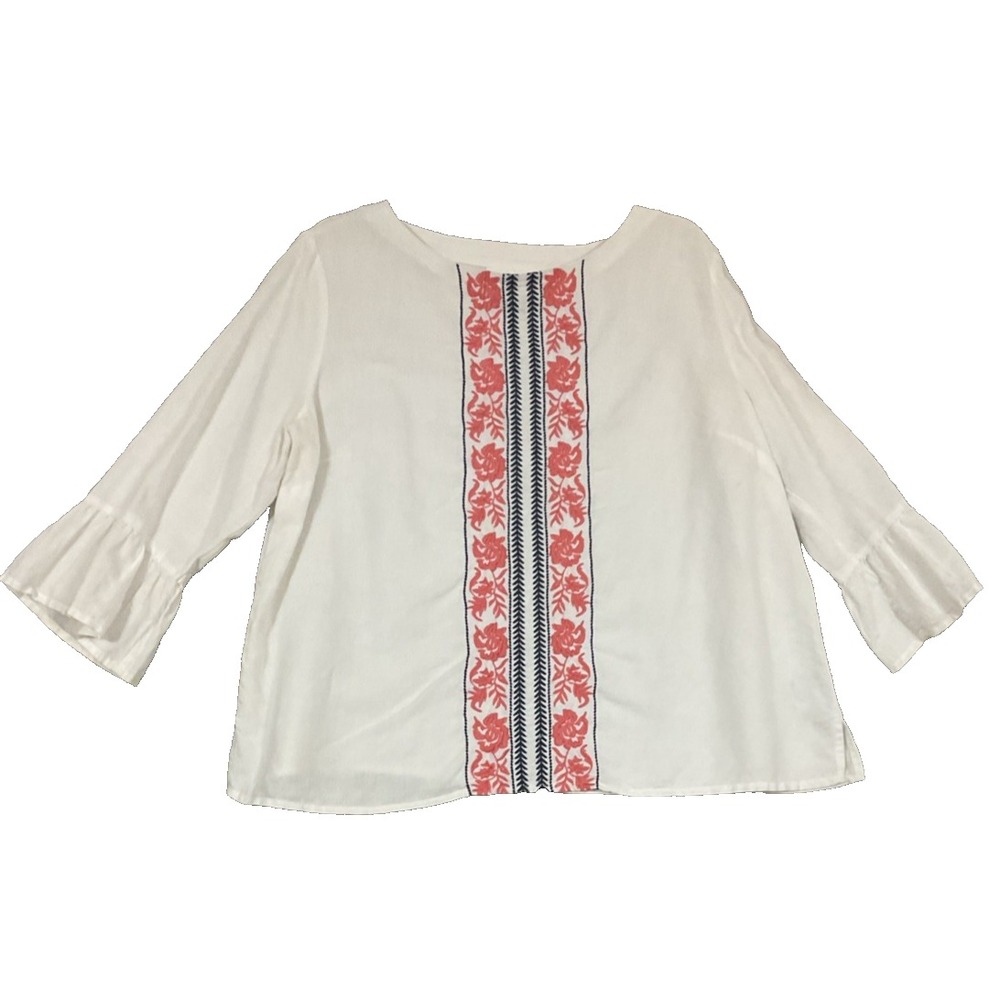 Charter Club Linen Blend Embroidered Stripe Blouse PXL Bell Sleeve Top Coastal